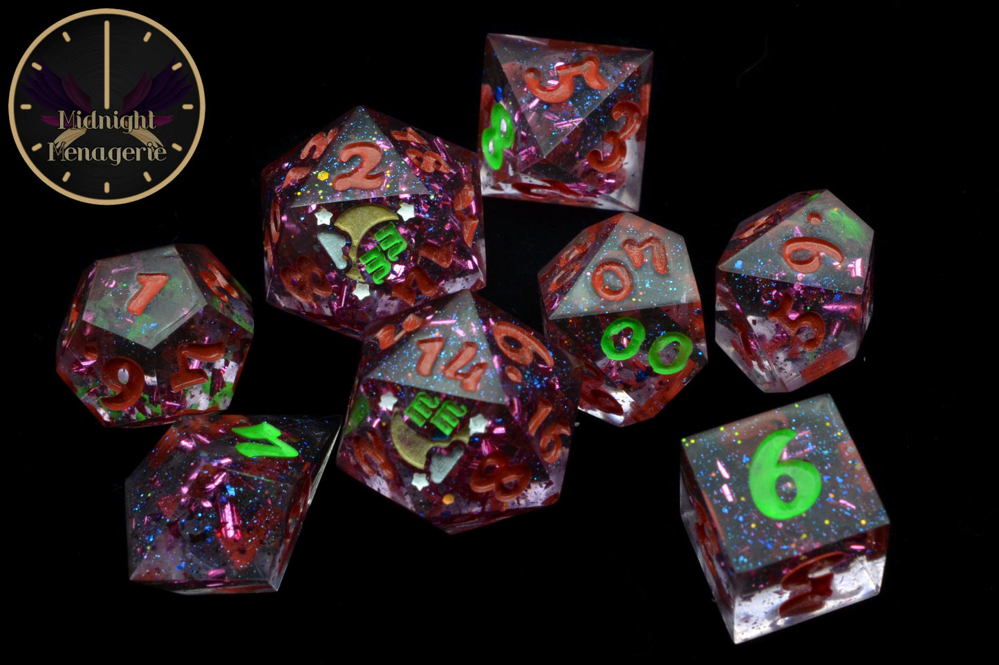 RPG Dice Advantage set 8-die handmade sharp edged resin dice - Alternate D4 design.