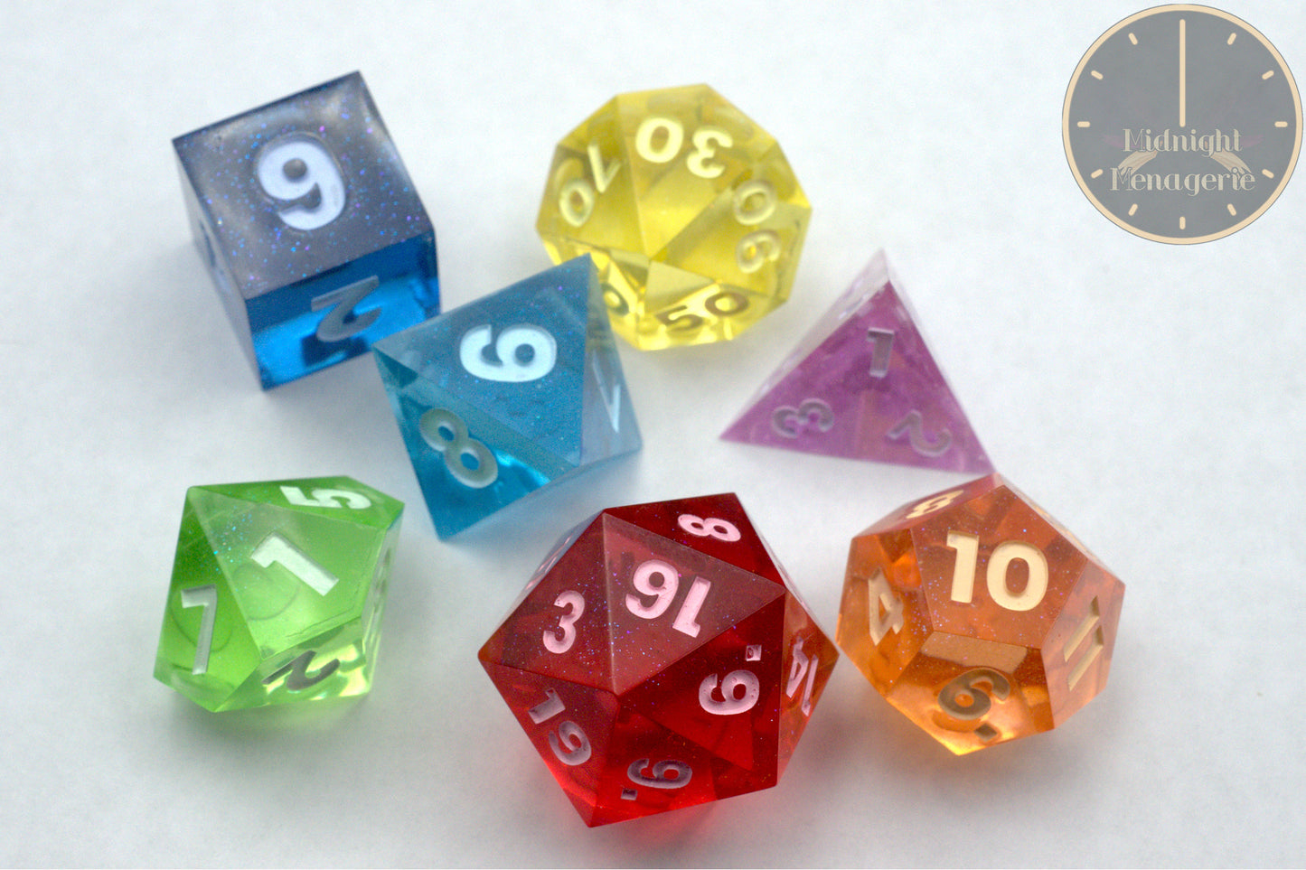 Rainbow RPG 7-die handmade sharp edged resin polyhedral dice set 1