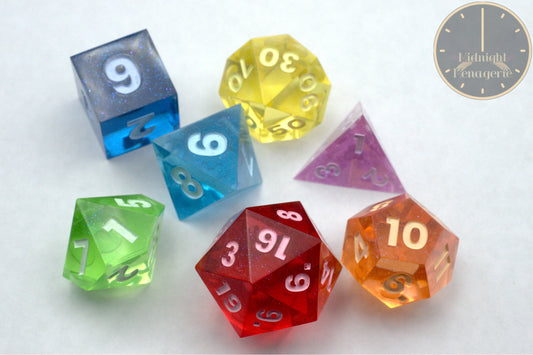 Rainbow RPG 7-die handmade sharp edged resin polyhedral dice set 1