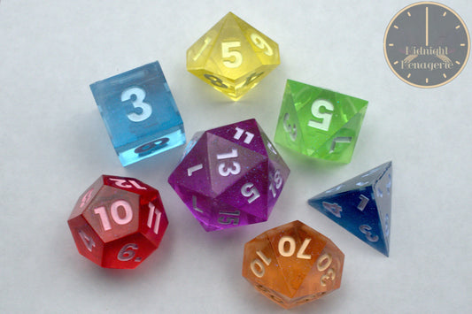 Rainbow RPG 7-die handmade sharp edged resin polyhedral dice set 7