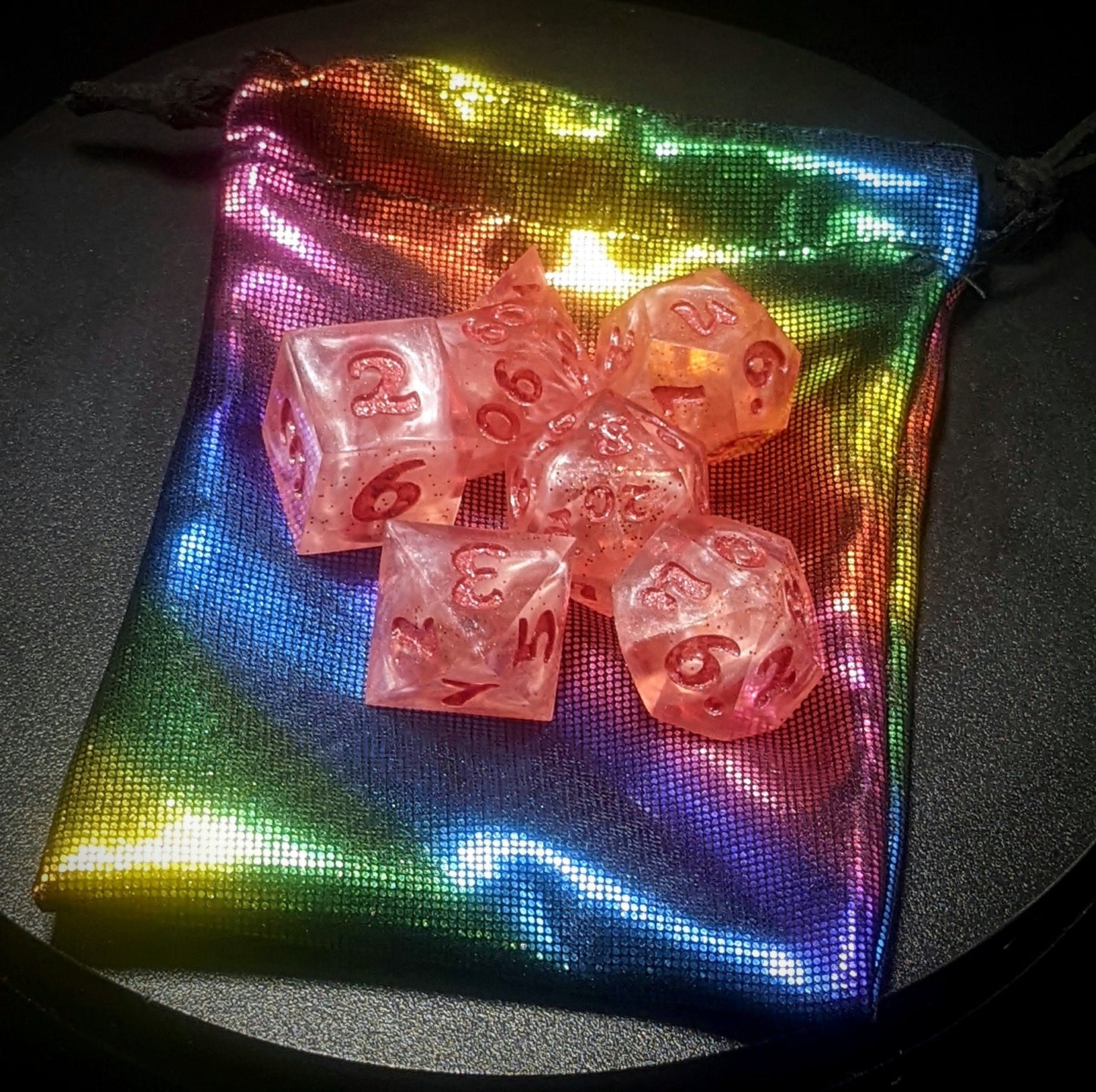 RPG 7-die handmade sharp edged resin polyhedral dice set + handmade dice bag.