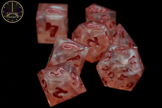RPG 7-die handmade sharp edged resin polyhedral dice set + handmade dice bag.