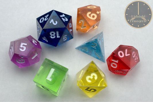 Rainbow RPG 7-die handmade sharp edged resin polyhedral dice set 6