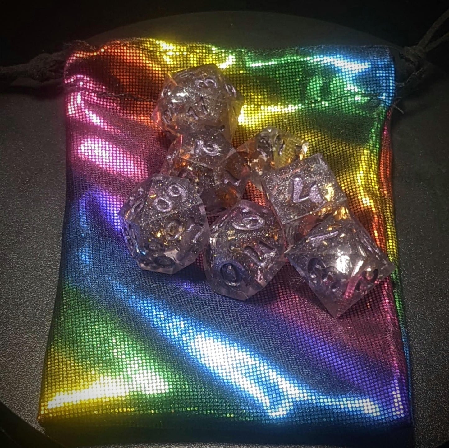 RPG 7-die handmade sharp edged resin polyhedral dice set + handmade dice bag.